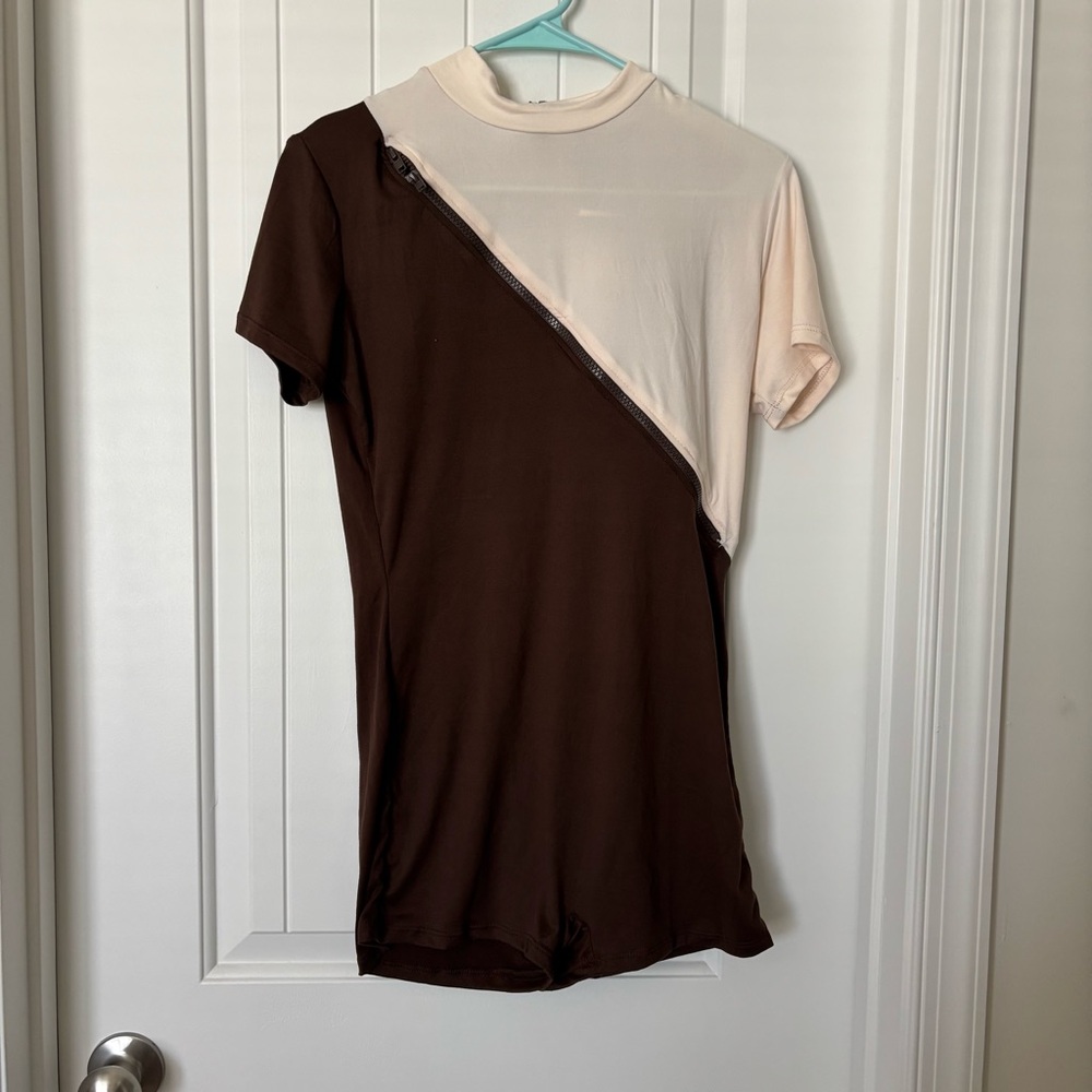 Fashion Nova Brown and Cream Jumpsuit With Diagonal Zipper **NWT**